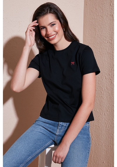 Lela Pamuklu Slim Fit Bisiklet Yaka Minimal Işleme Detaylı Bayan T Shirt 5866398 Siyah