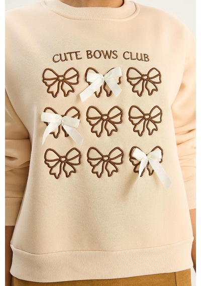 Shade Kadın Fiyonk Nakışlı Kurdele Aksesuarlı Üç İplik Şardonlu Sweatshirt 60601048 - Bej