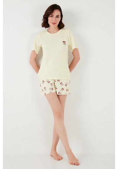 Lela Regular Fit Kısa Kollu Şortlu Bayan Pijama Takımı 65740103 Bej-Pembe