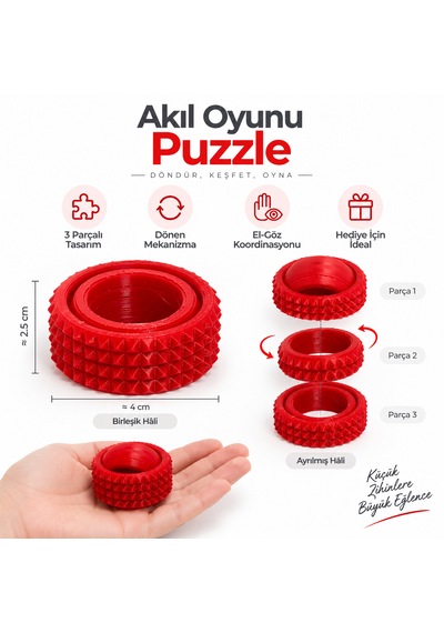 3 Parçalı Döner Zeka Oyunu Anti Stres Masaüstü Puzzle Kırmızı