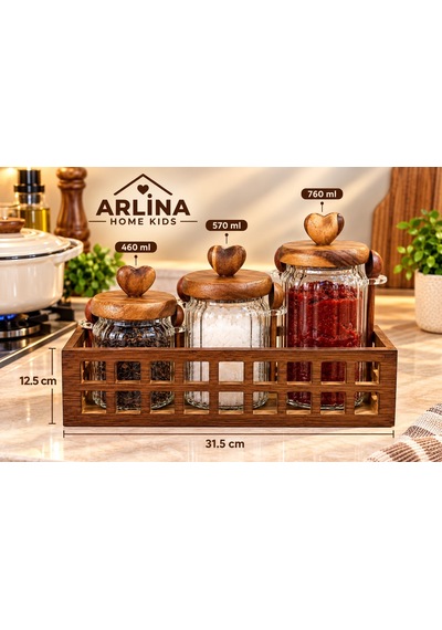 460 Ml + 570 Ml + 760 Ml Ahşap Standlı Cam Kavanoz Seti Şeffat Cam - Akasya Ahşap Kapak