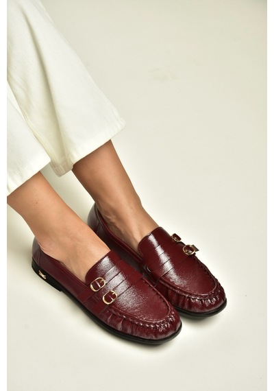 Fox Shoes Z820024208 Bordo Rugan Büzgü Detaylı Çift Tokalı Loafer Ayakkabı