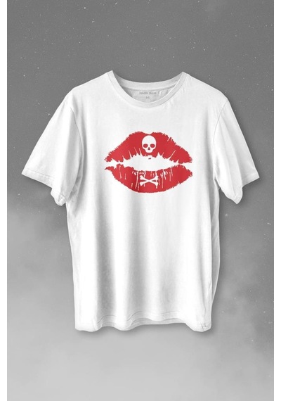Korsan Skull Kuru Kafa Dudak Öpücük Kiss Me Baskılı Tişört Unisex T-shirt 001