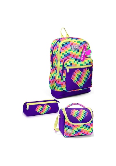 Coral High Çok Renkli Piksel Kalp 3 Lü Okul Çanta Seti Set33208