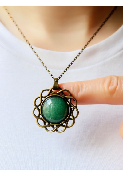 Esha Store Doğal Taş Yeşil Akik Doğal Taşlı Kadın Antik Modelli Kolye 40cm Zincirli Euk11ya Yeşil