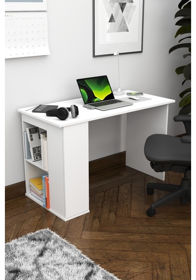 Ergonomik Çalışma Masası, Kitaplık Ve Kapaklı Depolama Alanı İle Modern Tasarım Beyaz Beyaz Ergonomik Çalışma Masası, Kitaplık Ve Kapaklı Depolama Alanı İle Modern Tasarım Beyaz Beyaz