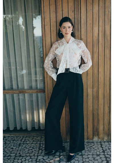 Sateen Kemerli Bol Pantolon - Siyah-136820 siyah