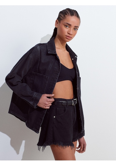 Dilvin 50749 Ön Bölümü Dikişli Oversize Denim Gömlek-siyah Siyah