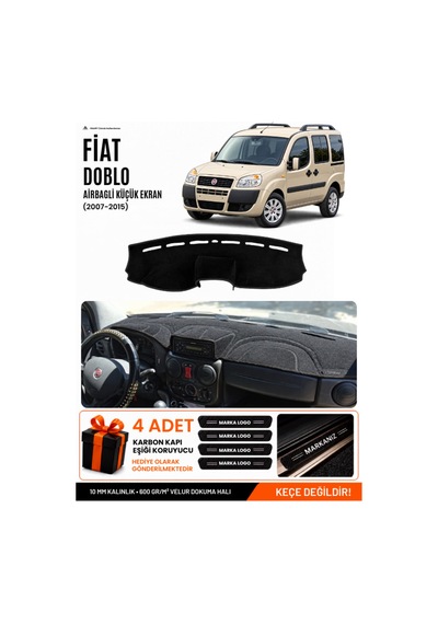 Fiat Doblo Airbagli Küçük Ekran 2007-2015 Uyumlu Torpido Örtüsü, Torpido Kılıfı - Siyah - Fı008