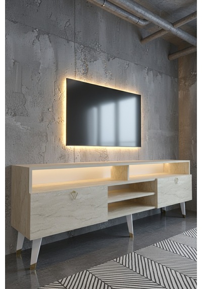 Resital Ledli Tv Sehpası - Led Işıklı - Gold Traverten - Gl9030-8