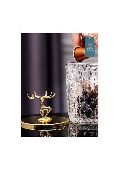 Chacha Home Luxury Lusso 2'li Geyik Figür Kapaklı Kristal Cam Şekerlik, Saklama Kabı, Kavanoz Altın