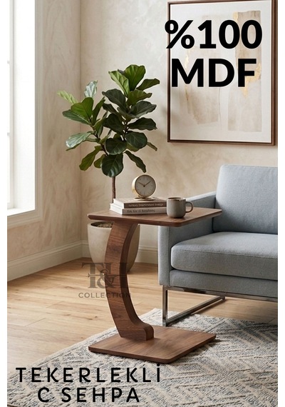 C Sehpa Dikdörtgen, Tekerlekli Yan Sehpa, %100 Mdf Yan Sehpa Ceviz