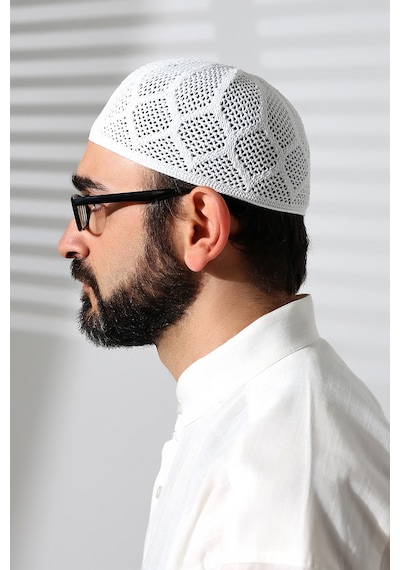Makine Örgüsü Dantel Detaylı Namaz Takkesi Beyaz Beyaz