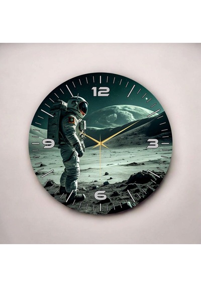 AA Shop Renkli Baskı Ay Ve Astronot Desenli Sayılı Hediyelik Ahşap Sessiz Duvar Saati 50cm ÇOk Renkli
