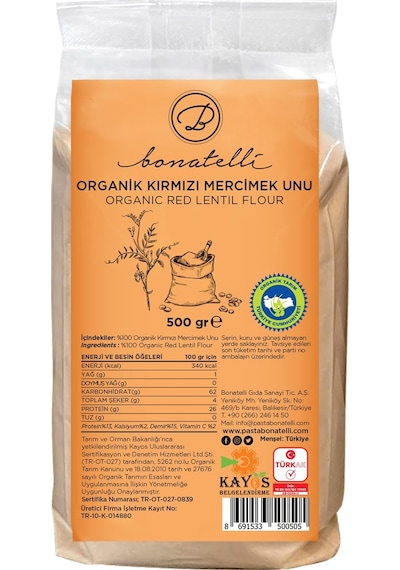 Bonatelli Organik Kırmızı Mercimek Unu 500 G
