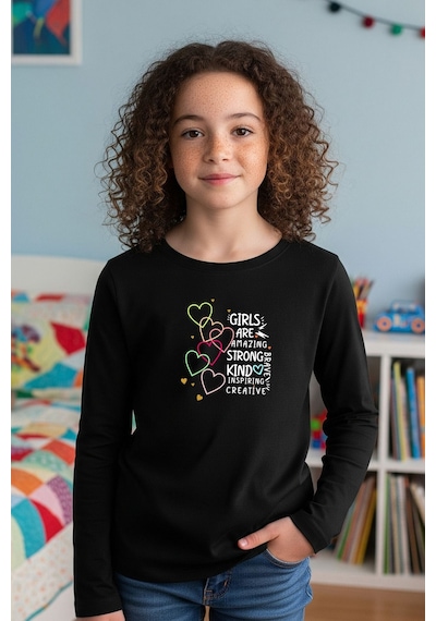Yuvarlak Yaka Girls Baskı Detaylı Kız Çocuk Sweatshirt Siyah