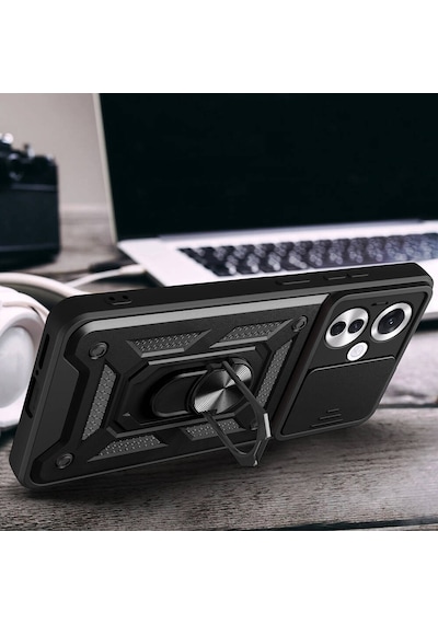 Oppo Reno 11f 5g Kılıf Magnetik Standlı Kamera Korumalı Zore Sürgülü Vega Kapak Siyah