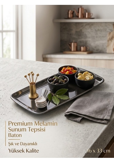 6 Adet 16x33 Cm Melamin Baton Servis Sunum Tabağı Makinede Yıkanabilir Dikdörtgen Siyah Beyaz