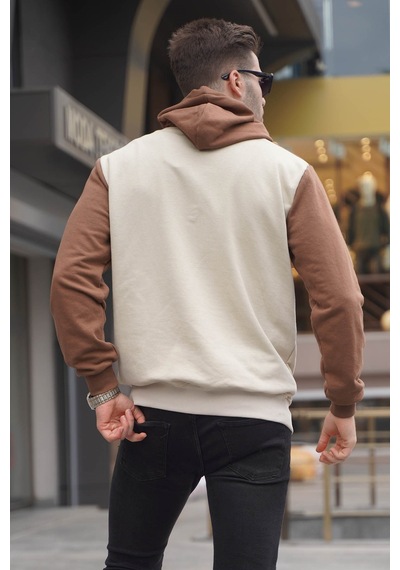 Madmext Bej Kapüşonlu Renk Bloklu Erkek Sweatshirt 6024 Bej
