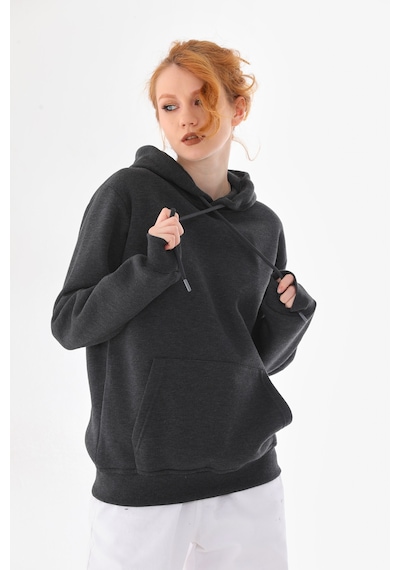 Everest Everst Kapüşonlu 3 İplik Şardonlu Cepli Sweatshirt Antrasit Antirasit