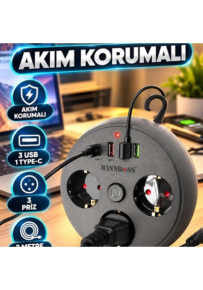 Akım Korumalı Çoklu Priz 3 Priz 3 Usb 1 Type-c 2 Metre Uzatma Kablosu Diğer