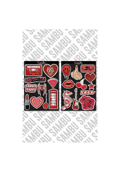 Red Aesthetic Temalı Sticker Etiket Seti 2 - Kırmızı Sticker - Laptop Notebook Telefon
