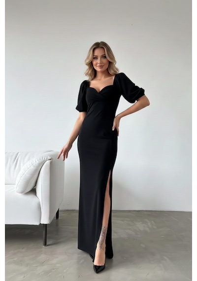 Defymoda Kadın Yırtmaçlı Şık Tasarım Krep Elbise Siyah
