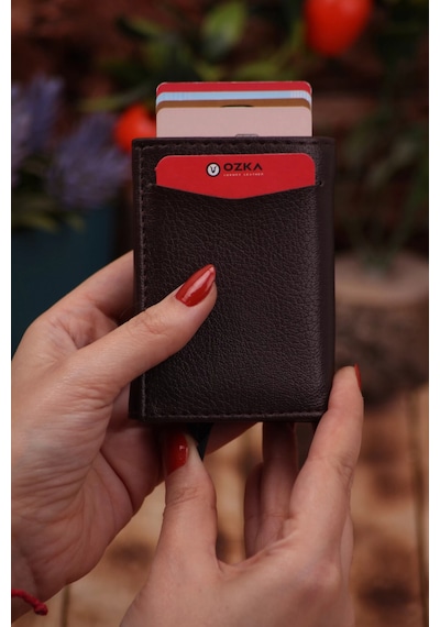 Özka Leather Suni Deri Mekanizmalı Vegan Deri Kartlık Cüzdan Portföy Kahverengi Siyah