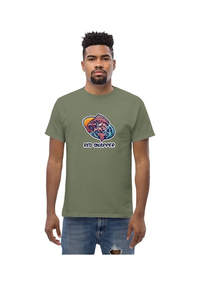 Wildstyle Red Snapper Balık Balıkçılık Deniz Vintage Balıkçı Baskılı Unisex Bisiklet Yaka Pamuklu Tişört Haki