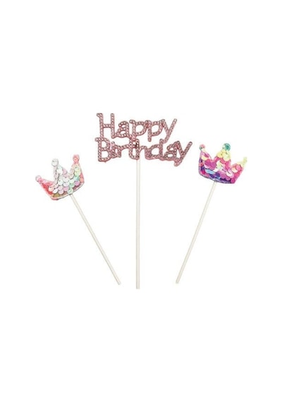 Pasta Üstü Çubuklu Happy Birthday Taşlı Pullu 3 Parça Süs Doğum Günü Parti Dekoru +3