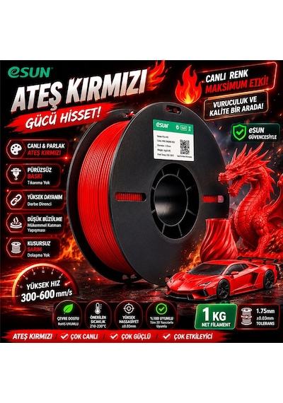 Esun Pla+hs Ateş Kırmızı Filament 1.75mm 1kg Plastik Makara Hızlı