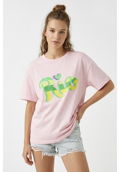 Hoxie Kadın Pembe Rio Baskılı Oversize Bisiklet Yaka Tişört