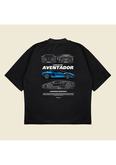 Tarzsokak Lamborghini Aventador Baskılı Oversize Unisex Pamuklu Nefes Alan Kalın Kumaşlı Siyah