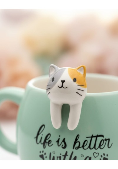 Kedi Figürlü Mug Kupa 420 Ml Yazılı Seramik Kupa Sevimli Cat Mug Hediye Kupa Bardak Mint Yeşili