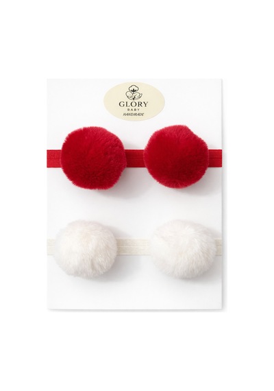 Kız Çocuk Bebek Ponpon Bandana 2'li Set Ekru-kırmızı Ekru-kırmızı