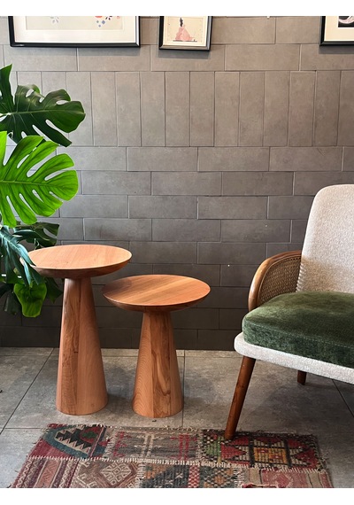 2'li Zigon Mantar Sehpa Mushroom Masif Ahşap Modern Yan Sehpa Takımı Naturel Kayın