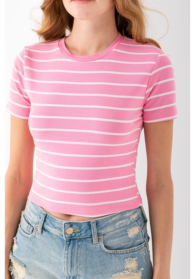 Giysa Kadın Bisiklet Yaka Çizgili Pamuklu Crop T-shirt Pembe Beyaz - 25512 Pembe - Beyaz