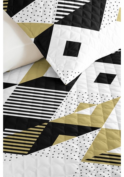 Siyah Geometrik Modern Genç Odası Tek Kişilik Pike Takımı-gold Beyaz 160x220cm Kapitone Yatak Örtüsü Dokulu İpek Anısı