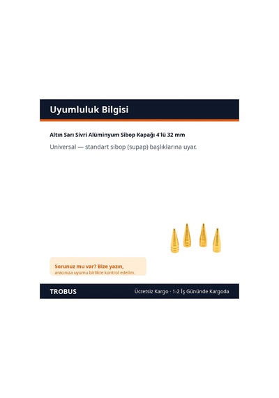 Trobus Altın Sarı Sivri Alüminyum Sibop Kapağı 4'lü 32 Mm