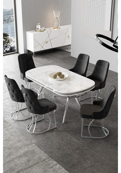 Canisa Epal Serisi 90x168 Lak Panel Beyaz Mermer Desen Masa Takımı Krom Ayaklı 6 Siyah Sandalye Beyaz Mermer Desen Masa Sandalyeler Siyah