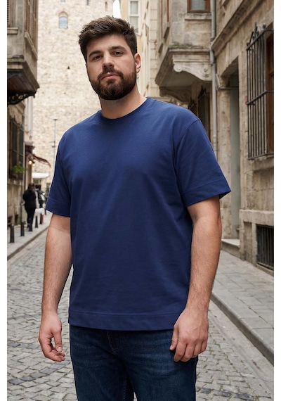Tommylife İndigo Basic Kısa Kol O Yaka Büyük Beden Erkek T-shirt - 88072 Indıgo