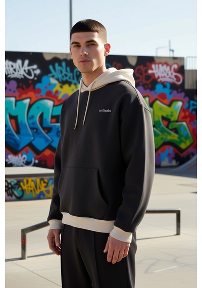 Benerly Erkek Kapüşonlu Düşük Kol Uzun Kol Nakışlı Sweatshirt Fonksiyonel Antrasit