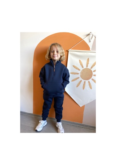 Heyadventure Erkek / Kız Çocuk Dik Yaka Sweatshirt Kanguru Cepli 3 İplik Şardonlu Lacivert Lacivert