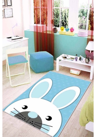 Mavi Yıkanabilir Kaymaz Tabanlı Tavşanlı Bebek Halısı Kd04n11