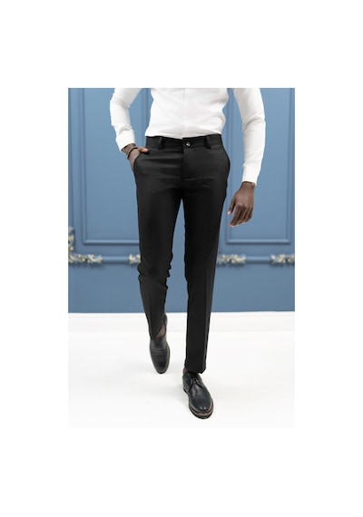 Notra Slimfit Pamuklu Kendinden Çizgili Mevsimlik Kumaş Pantolon Siyah