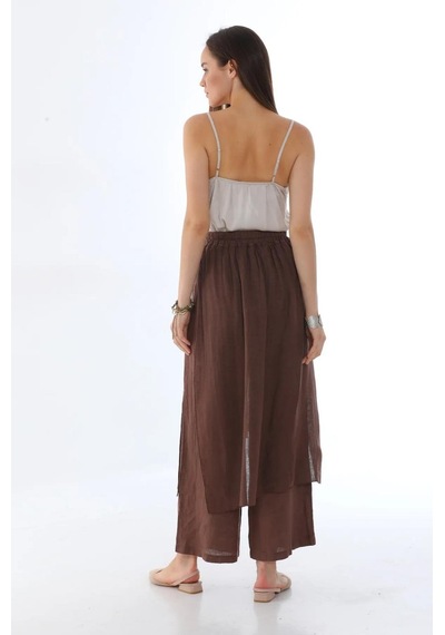 Bohem Stil İtalyan Ham Keten Pantolon Etek-8747 Kahverengi
