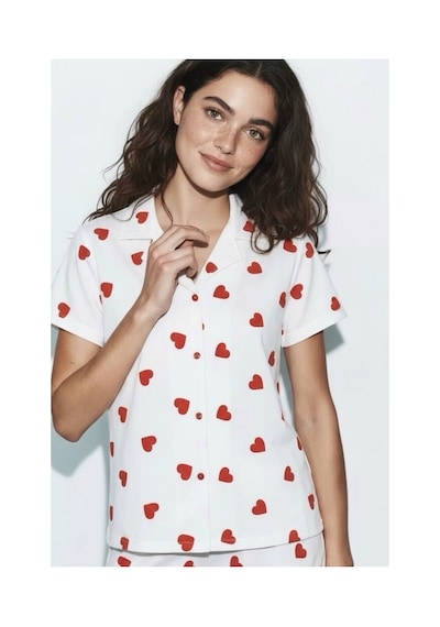 Feg Store %95 Pamuklu Kadın Beyaz Kırmızı Kalp Desenli Kısa Kollu Düğmeli Şortlu Pijama Takımı