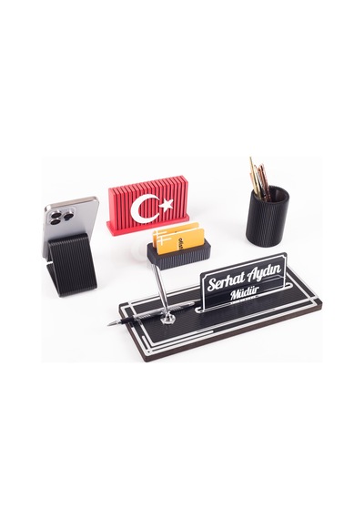 Vera Türk Bayraklı Gümüş Ahşap Masa İsimliği Seti Çizgi Desenli Ofis Dekoratif Masa Üstü İsimlik