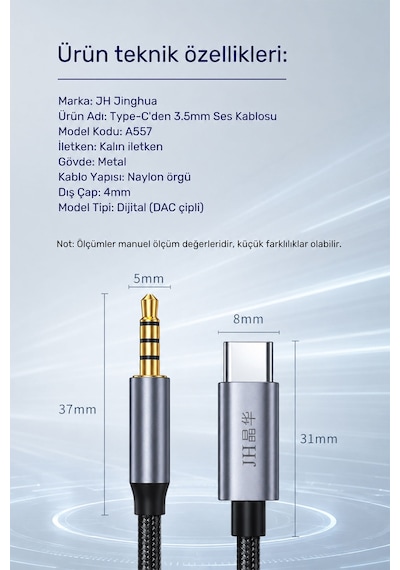 Type-c - 3.5mm Aux Ses Kablosu 1 Metre, Dac Çipli Dijital Audio Dönüştürücü, Telefon Araç Hoparlör Uyumlu, 90db Parazitsiz, Metal Gövde, Kalın Naylon Örgü A557c