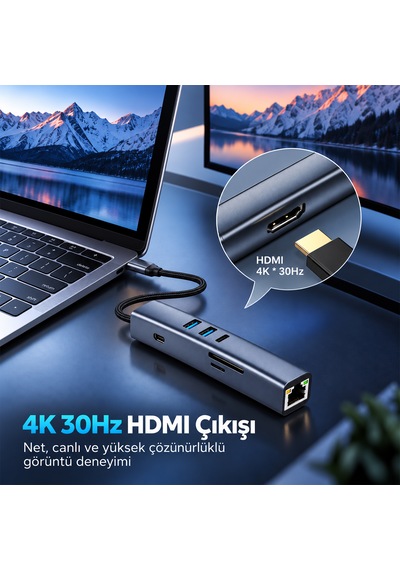 Woyax 7 İn 1 Type-c Usb Hub Çoklayıcı Dönüştürücü Converter 4k 30hz Hdmı 100w Pd Usb 3.0 Usb 2.0 Usb-c Sd/tf Kart Okuyucu 100 Mbps Ethernet Apple Uyumlu MacBook Laptop Tablet